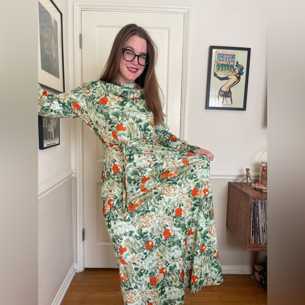 70s Vintage Vegetable Garden Print Green Maxi Dress - Picture 1 of 7